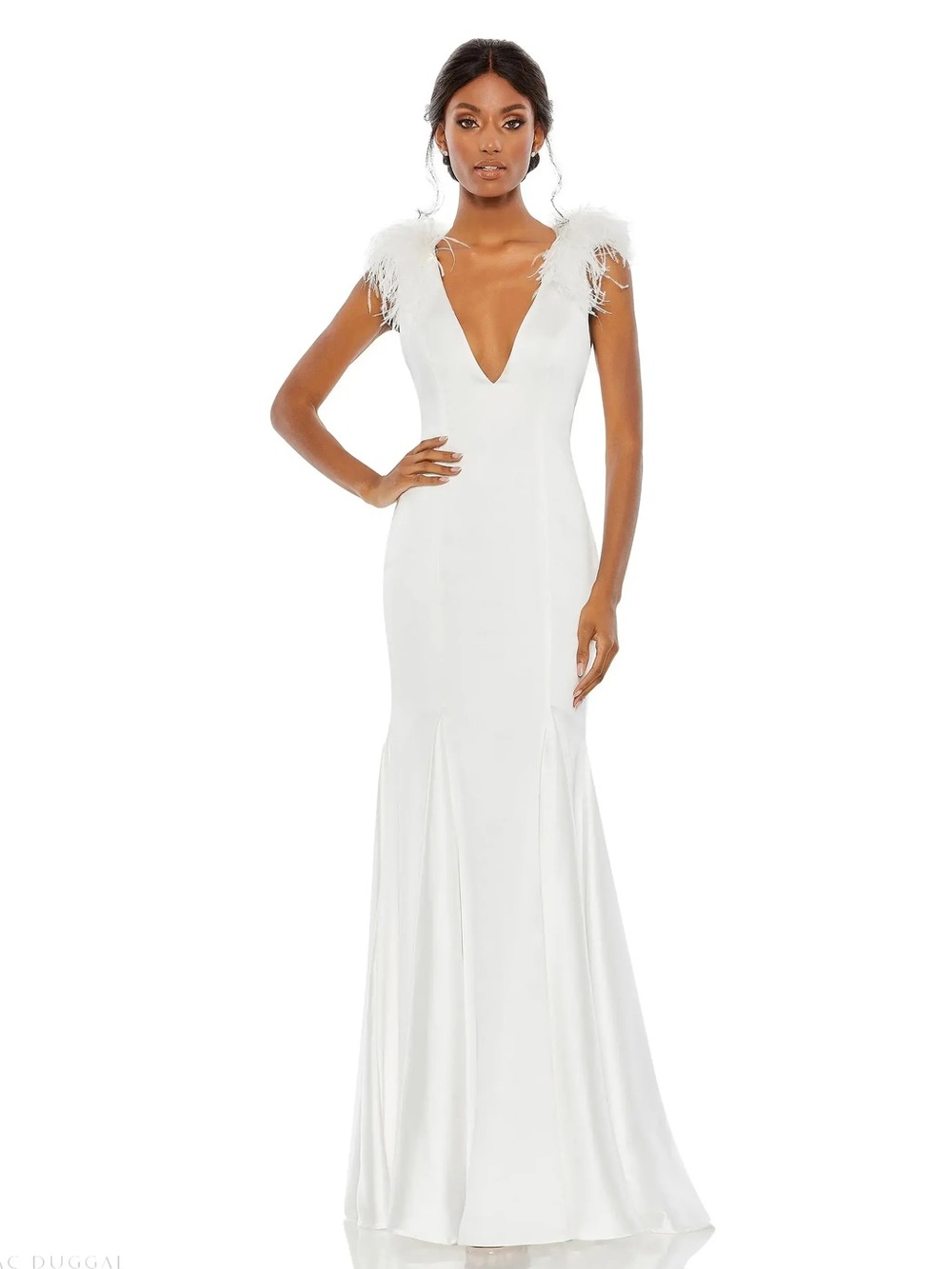 Mac Duggal White Feather-Trim V-Neck Mermaid Gown